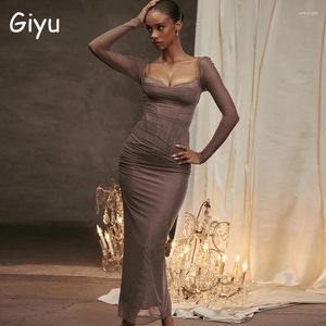 Casual Jurken Giyu Sexy Kant Gehaakte Mesh Bodycon Jurk Vrouwen 2024 Herfst Lange Mouw Maxi Elegante Backless Split Zwart Gewaad