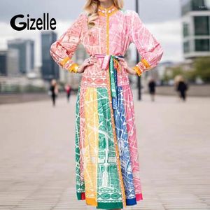 Casual jurken Gizelle Dames Autumn Elegant Dress Festa Hoogwaardige Long Cocktail Party Robe Vintage Lantern Sleeve Designer A-Line