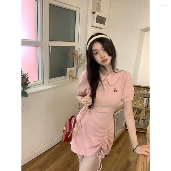 GkyocQ 2023 été femmes robe à manches courtes solide col rabattu maigre Vestidos Preppy Style filles femme vêtements