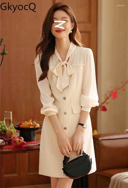 Robes décontractées GkyocQ français élégant femmes robe beige couleur noeud papillon col à manches longues épissé taille haute une ligne courte femme robes