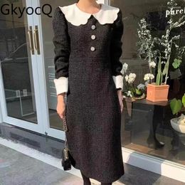 Casual jurken gkyocq Koreaanse chique herfst elegante jurk puff mouw revers kraag knoppen botsing kleur hoge taille slanke vrouwelijke kleding