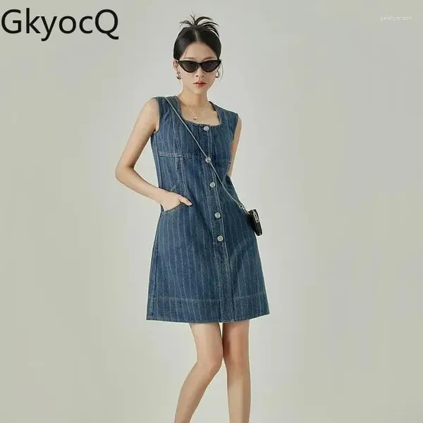 Vestidos casuales Gkyocq Moda coreana Vestido de mezclilla sin mangas 2023 Verano Vintage Cuello cuadrado Rayas Mini Chaleco suelto Ropa