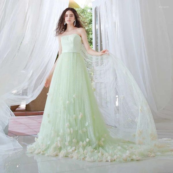 Robes décontractées Paillettes vert clair paillettes dentelle robes de bal jolie fleur 3D maille une ligne douce bretelles florale robe de soirée formelle