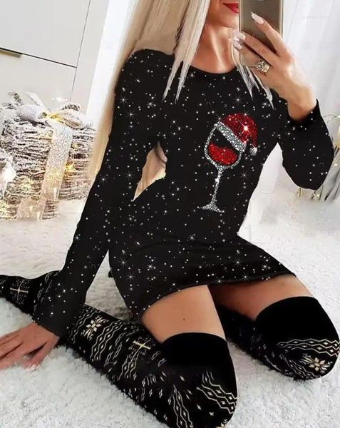 Robes décontractées paillettes O-Neck Long Manyeve Bodycon Mini Robe de Noël Verre Verre Imprimé Womens 2024 Fashion printemps