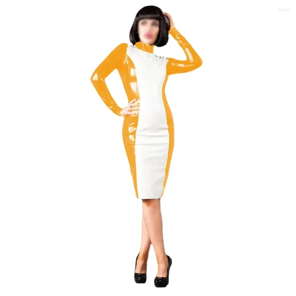 Robes décontractées Patchwork Patchwork White High Neck Mini Robe Faux Tox Latex Full Sleeve BodyCon Party Clubwear Robe Femme Streetwear S-7XL