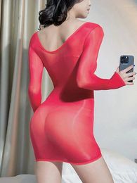 Casual jurken glanzende glanzende jurk met lange mouwen bodystocking transparant sexy vestido panty pakket hip minifalda minirok clubwear