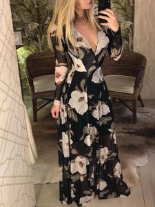 Robes décontractées gniherii femmes boho fêtes robe maxi floral printemps sexy v cou mande à manches longues mince taille haute soirée robes formelles 230327