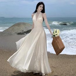 Casual jurken godness mouwloze strandjurk vrouwen unieke a-line v-neck halter Long White verbazingwekkende backless zomervakantie boho