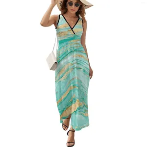 Robes décontractées Gold Abstract Imprimer Robe marbreuse Paint Club Maxi V Neck Cold Trendy Boho Beach Long haute taille