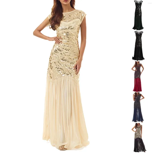 Vestidos informales Vestido de noche de lentejuelas con cuentas doradas para mujer Retro Elegante Bodycon Cóctel Sexy Fiesta de boda Prom Maxi Robe largo