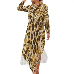 Robes décontractées Gold Leopard Print Robe en mousseline de soie Motif animal Plage Esthétique Femmes Sexy Design Robe Grande Taille 5XL 6XL