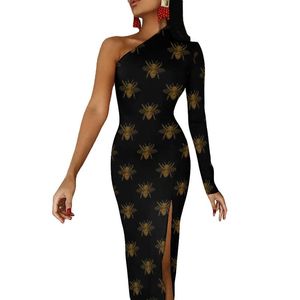 Casual jurken gouden metalen bijen bodycon jurk dier honingbijen print elegante zijsplitsing lange vrouwen mouw schattige straatstijl dresscasual