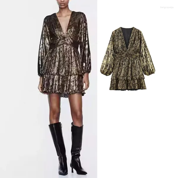 Robes décontractées Gold Ruffle Mini Robe Femme Feuille Courte Pour Femmes Plissé Vintage 2023 Manches Longues Fête Élégante