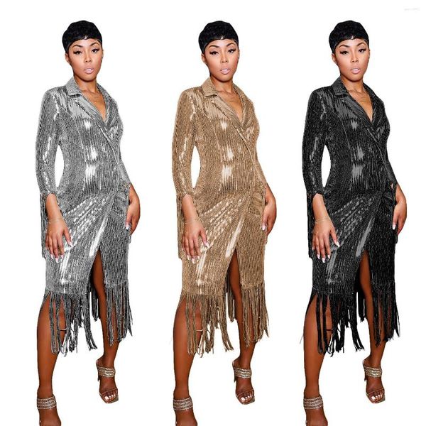 Vestidos informales Dorado Silver Sequin Tassel Recam Camiseta Vestido Elegante Noche de lujo para mujer Fiesta de clubes nocturnos