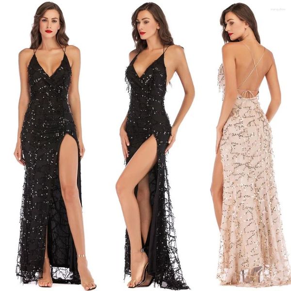 Robes décontractées Gold Summer Split Vêtements Sexy Femmes Robe Dos Nu Vintage Paillettes Gland Party Club Wear Maxi Longueur De Plancher