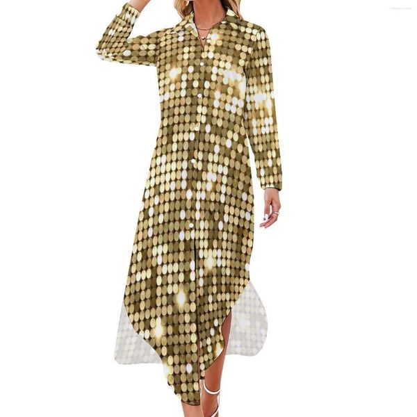 Robes décontractées Robe d'impression métallique dorée Dot Sparkles Street Fashion manches longues col en V graphique mousseline de soie surdimensionnée