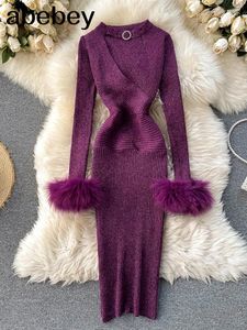 Robes décontractées de bonne qualité de luxe brillant tricoté femmes robe sexy évider col en v licou moulante fête mode violet
