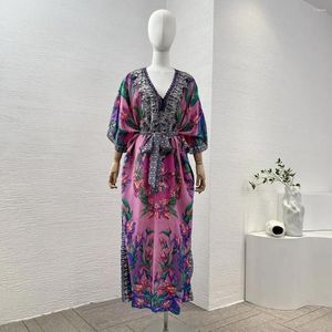 Robes décontractées magnifiques 2024 Vintage de taille libre Robe de fleur de soie pour femmes V-colmes de haute qualité à manches longues
