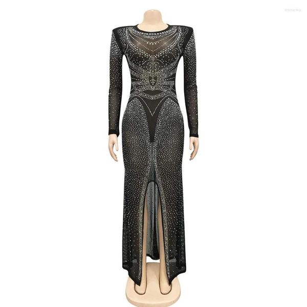 Vestidos casuales Gorgeous See-Through Mesh Maxi Mujeres Rhinestones Manga larga Bata Vestidos Cuello redondo Slim Slit Vestido de fiesta Noble Elegante