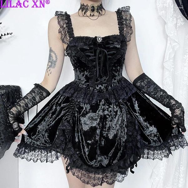 Vestidos casuales Goth Black Lace Trim Vestido de fiesta sin mangas Y2K Sexy Estética Lace-Up Vendaje Lolita Slim Short Mini Vestido Mujeres