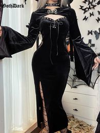Casual jurken Goth Dark Bandage Gothic Elegant Women High Split Lace Side Transprrent Grunge Midi Dress Flare Sleeve Alt Crop Shrug Top 230207