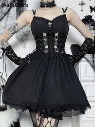 Casual Jurken Goth Dark Lolita Gothic Esthetisch Bandage Korset Grunge Stijl Zwart Borduren Emo Jurk Dames A-lijn Party Alt Kleding