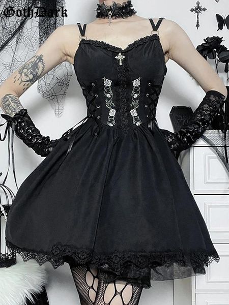 Robes décontractées Goth Dark Lolita Gothic Bandage Esthétique Corset Grunge Style Noir Broderie Emo Robe Femmes A-ligne Party Alt Vêtements