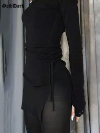 Casual jurken Goth Dark Mall Gothic Drawtring Bodycon Women Mini Y2K Punk Black Split Sexy Long Sleeve Jurk Grunge Basic PartyWear 230313