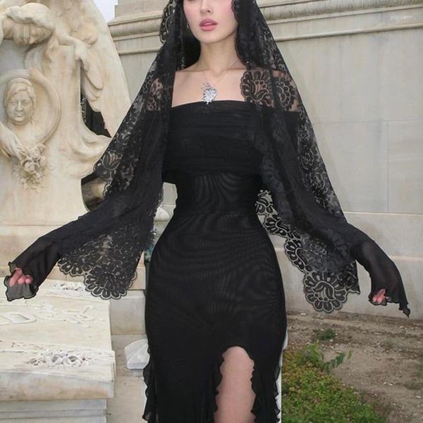 Robes décontractées Goth Dark Off Épaule Mall Gothic Party Midi Y2K Maille élégante Voir à travers la robe sexy Femmes Grunge Split Ruffles Tenues