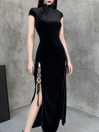 Casual jurken Goth Dark Romantic Gothic Velvet Asthetic Vintage Women Black Bandage Sithem Bodycon Dress Sexy Evening Wear Cheongsam 230216