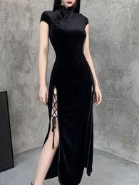 Casual jurken Goth Dark Romantic Gothic Velvet Asthetic Vintage Women Black Bandage Sithem Bodycon Dress Sexy Avond Wear Cheongsam 230217