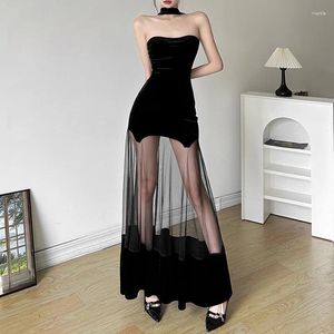 Casual Jurken Goth Donker Fluwelen Elegante Gothic Party Halter Y2k Mesh Patchwork Backless Vrouwen Jurk Pure Skinny Avond Sexy Kleding