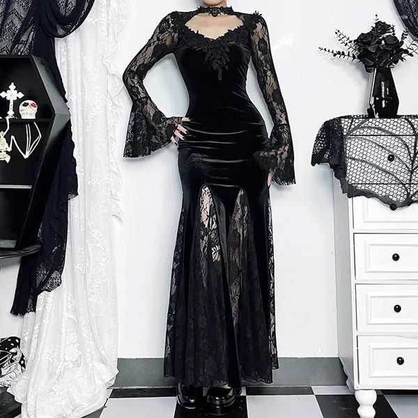 Robes décontractées Goth Dark Vintage Mall Gothic Élégant Dentelle Trompette Grunge Esthétique Punk V-Col V Longue Robe Femmes Slim Soirée Alt Vêtement