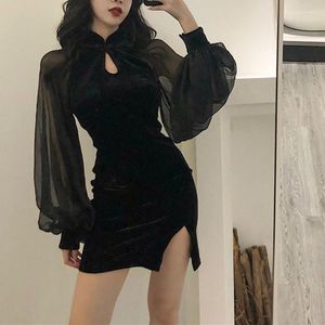 Casual jurken Goth-jurk Veet Cheongsam-accessoires Halloween Strakke mesh Split Bodycon Winter Haruku Sexy hoge taille geplooid