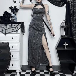 Robes décontractées gothique style chinois serpent imprimé ornement haute fente robe cheongsam punk fée grunge sexy sans manches moulante