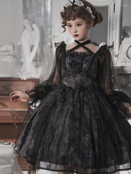 Vestidos casuales Vestido gótico Negro oscuro Goth Lolita Encaje Patchwork Cuello cuadrado Manga larga Estilo delgado Damas