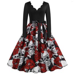 Casual jurken Gotische jurk dames schedel bloemenprint grafisch een lijn herfst lange mouw sexy v nek feest vintage swing Halloween