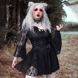Casual jurken Gothic Grunge Black Lace Dress Women Vintage Mall Goth Off Schouder Bandage Hoge taille Corset A-Line E-Girl Streetwear