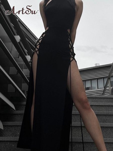 Casual Kleider Gothic High Slit Maxi Party Club Für Frauen Halter Sexy Bandage Lange Kleid Outfits Ärmellose Sommer Kleidung