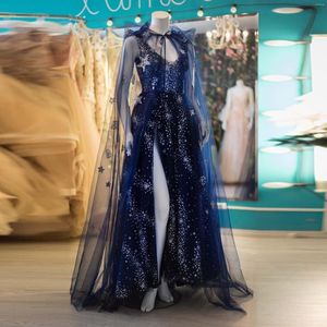 Robes décontractées Robes de bal gothiques Perles bleu marine Tulle Longue Abiye Gece Elbisesi Perles Étoiles Extra Lush Maxi Robe Femmes Sheer Cape