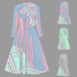 Robes décontractées gothique rétro robe automne Plaid contraste nœud papillon évasé superposition manches longues fête pour les femmes 2023 mode élégant