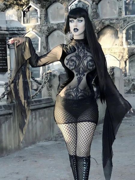 Robes décontractées gothique vintage patchwork femmes robe ourlet irrégulier solide punk fée rétro streetwear goth sexy voir à travers la maille