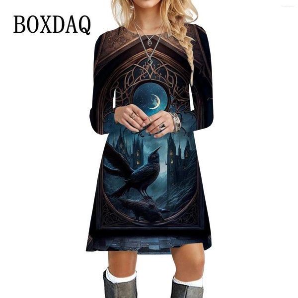 Vestidos casuales gótico estilo vintage mujeres vestido impreso 3D otoño o-cuello manga larga suelta jersey de gran tamaño ropa de invierno