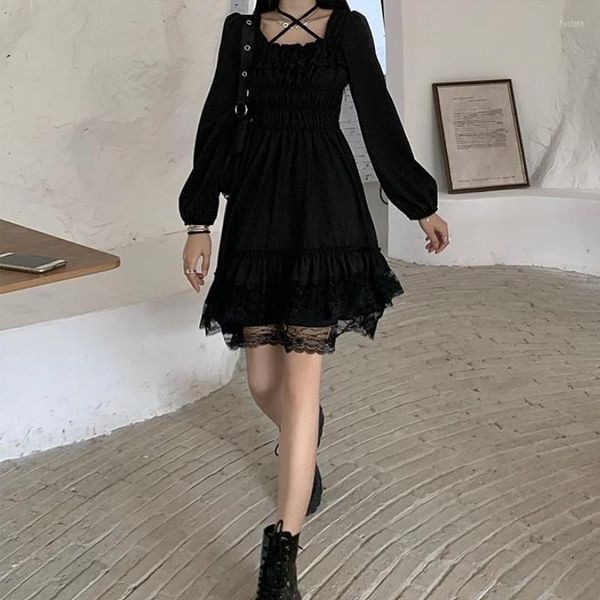 Vestidos informales góticos para mujer, vestido de fiesta de hadas negro para niña, correa cruzada, cuello cuadrado, princesa Lolita, Irregular, lindo encaje Kawaii Mini 2023