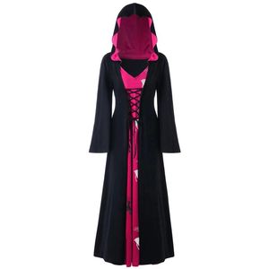 Vestidos casuales Ropa de mujer gótica Festival de Halloween Disfraz Cosplay Vestido de bruja con capucha Manga larga con cordones Patchwork Capa Maxi Robe