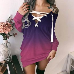 Robes décontractées dégradé 2023 femmes Vintage couleur unie imprimer mince Mini robe femme Chic à manches longues Slash cou Strappy Wrap Vestidos