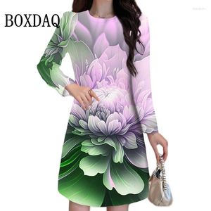 Casual Jurken Gradiënt 3D Bloemenprint Jurk Elegante Dames Lange Mouw Losse Oversized Herfst Winter Dameskleding Vestidos