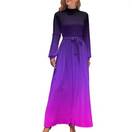 Casual jurken gradiënt jurk zwart violet en roze kawaii patroon maxi hoge nek lange mouw street style strand lang