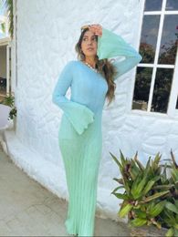 Casual Jurken Gradiënt Geplooide Flare Lange Mouw Jurk Vrouwen Elastische O Hals Maxi Zomer Elegante Dame Vakantie Beachwear Vestido