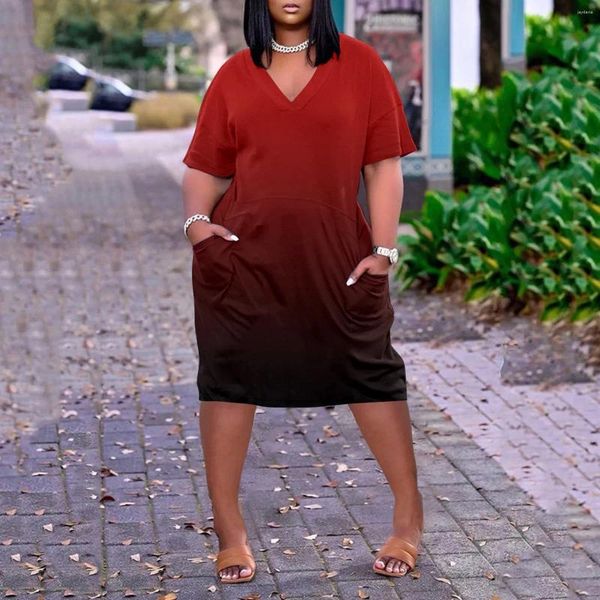Robes décontractées imprimé dégradé à manches courtes midi femmes africaines boho t-shirt robe femme poches surdimensionnées fête plus taille
